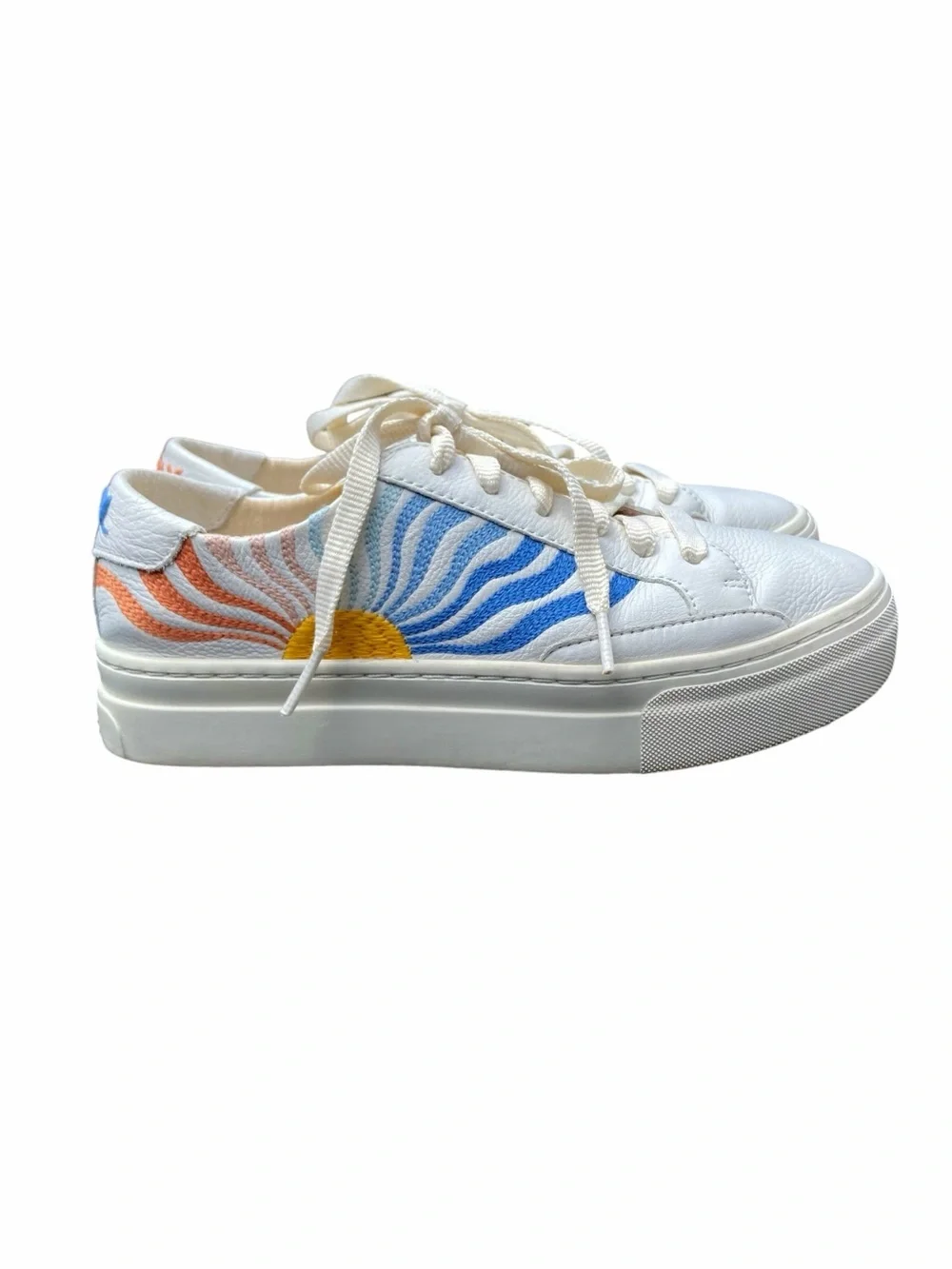 Anthropologie White Leather Sneakers with Blue & Orange Sunburst Embroidery
